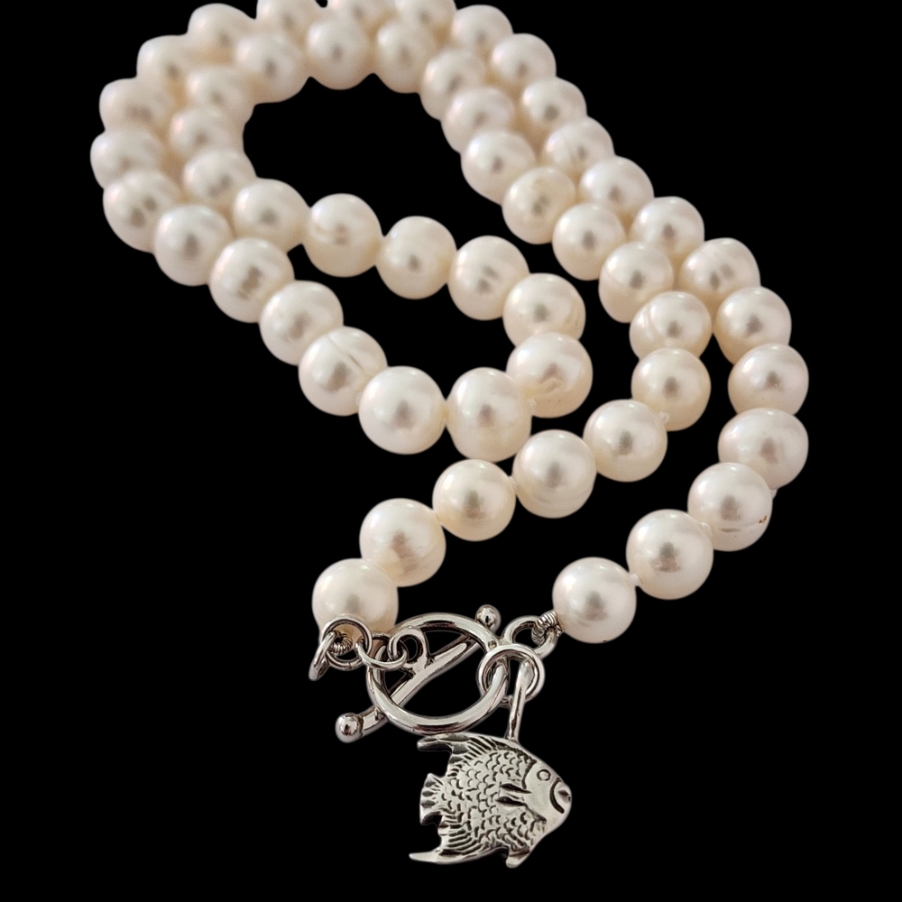 Vintage pearl necklace 925 sterling silver fish charm hand knotted A0055 -Q1